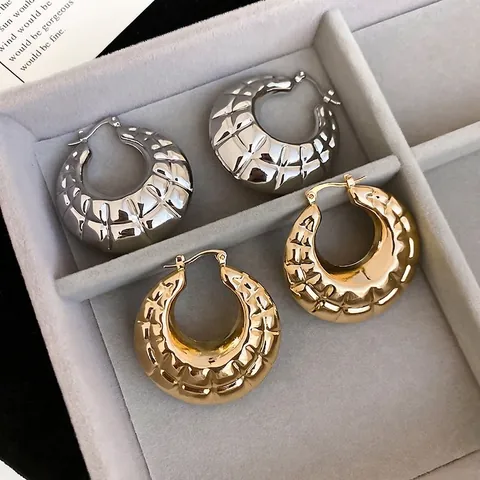 Chunky Hoop Ohrringe Gesteppte Textur Metall Geprägtes Gittermuster Mode Retro Runde Schmuck Für Frauen