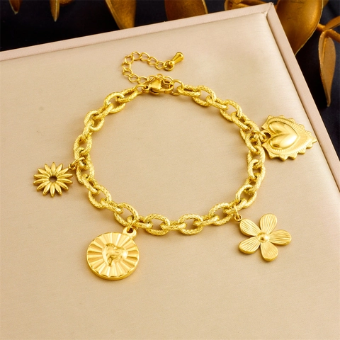 Roestvrij Staal Vergulde Charm Armband Grove Ketting Hart Bloem Ster Hanger Trendy Sieraden Dames