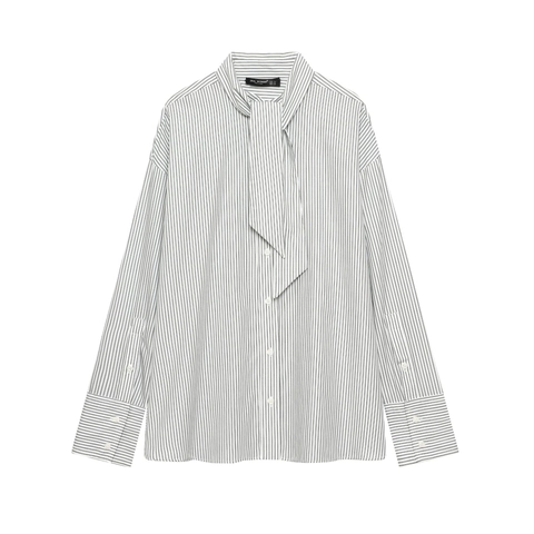 Dames Gestreept Overhemd Polyester Lange Mouwen Sjaal Strik Nek Knoopsluiting Kantoor Elegante Blouse