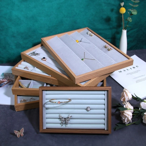 Rosewood Color Wood Jewelry Display Tray Velvet Lining Multi Slot For Ring Earring Bangle Storage Showcase Organizer Rack