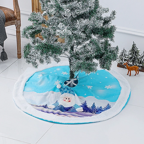 Falda De Árbol De Navidad Con Luces LED Azul Felpa Cubierta De Base Patrón De Papá Noel Muñeco De Nieve Decoración