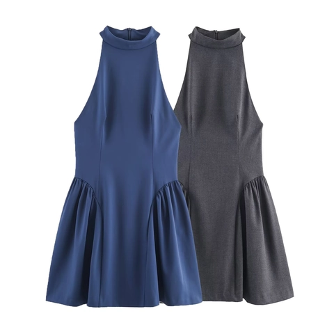 Halter Neck Sleeveless Mini Dress Polyester Solid Color Holiday Summer Party A-Line Fashion For Women