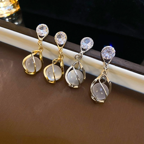 Orecchini A Goccia D'acqua Con Pietra Occhio Di Gatto E Zircone Gabbia A Spirale In Rame Perno In Argento Gioielli Donna