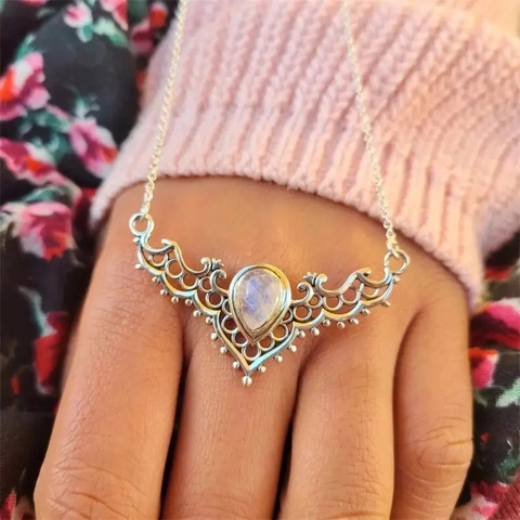 Pendant Necklace Antique Silver Copper Teardrop Imitation Moonstone Hollow Filigree Vintage Bohemian Style For Women