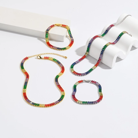 Collana Zirconia Arcobaleno Rettangolo Gemma Ottone Placcato Oro Catena Da Tennis Gioielli Per Donne