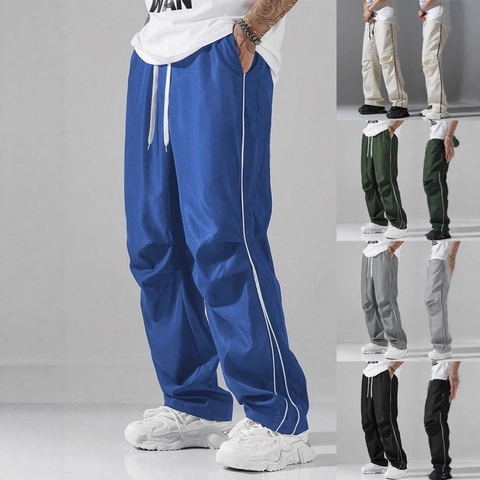Pantaloni Sportivi Da Uomo Joggers Linee Laterali Coulisse Vita Elastica Poliestere Casual Gamba Larga Dritta