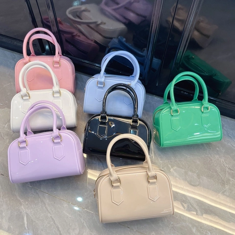 Women Jelly Boston Bag PVC Glossy Handbag Top Handle Crossbody Shoulder Bag Street Fashion Minimalist Trendy Solid Color