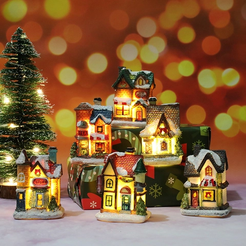 Christmas Miniature House Ornaments Resin LED Light Up Snow Village Buildings Desktop Holiday Party Decor Retro European Style