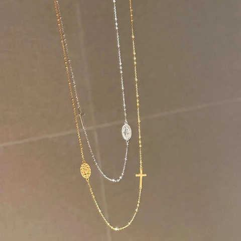 Collier Pendentif Croix et Médaillon Religieux en Cuivre Vintage pour Femme Chaîne à Billes Plaquée Or Argent Bijoux Mode