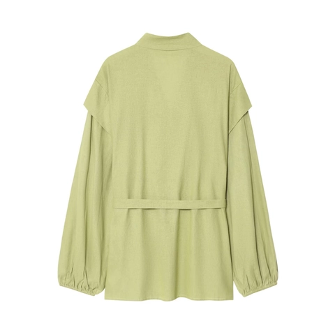 Ropa de Moda Casual para Mujer Verde Matcha Camisa Cruzada Con Lazada Manga Linterna Y Falda Larga Plisada de Talle Alto