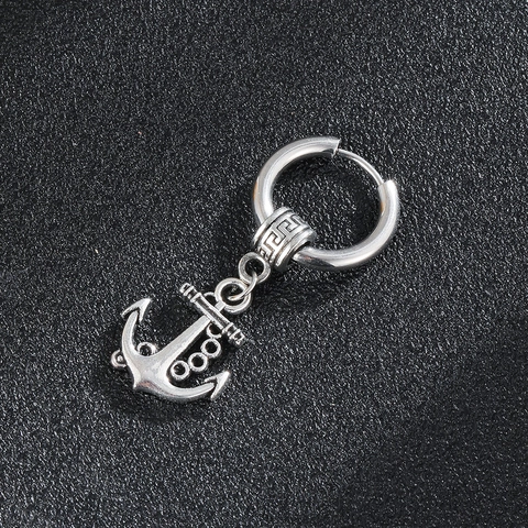 Vintage Stainless Steel Anchor Drop Hoop Earrings For Men Punk Hip Hop Street Style Jewelry With Greek Key Meander Pattern