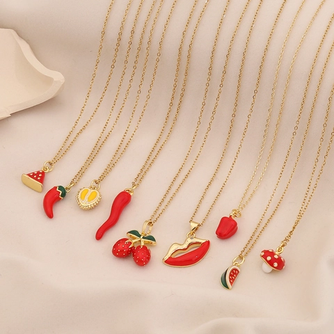 Collier Pendentif Fruits Pour Femmes Acier Inoxydable Et Cuivre Émail Strass Fraise Pastèque Piment Lèvres Bijoux De Mode