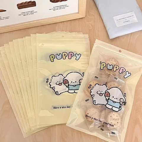Kawaii Cartoon Puppy Floral Plastic Resealable Bags Frosted Translucent Zip Lock For Snack Jewelry Packaging
