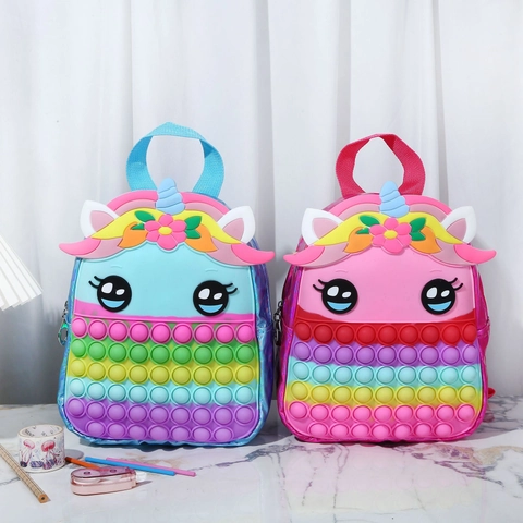 Zaino Unicorno Per Bambini Silicone Pop-it Fidget Giocattolo Borsa Laser PU Arcobaleno Scuola Per Ragazze Antistress