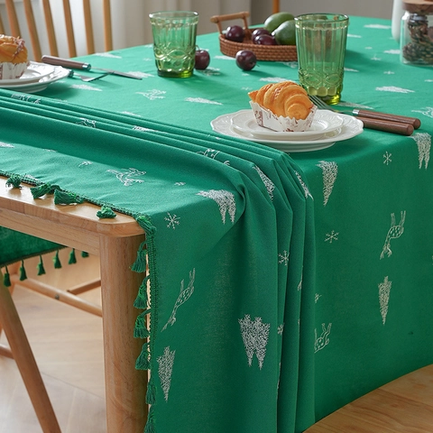 Nappe De Noël En Lin Coton Rectangulaire Motif Renne Arbre De Noël Bordure À Glands Décoration De Table