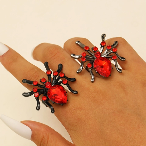 Gothic Halloween Spider Open Ring For Women Men Zinc Alloy Red Rhinestone Adjustable Finger Ring Punk Jewelry Party Gift