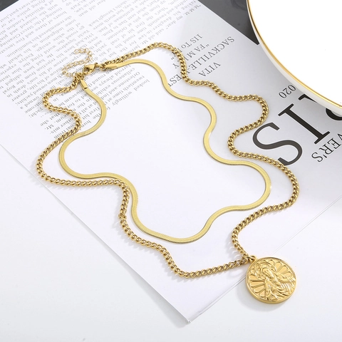 Collana Doppio Strato Acciaio Inossidabile Pendente Tondo Religioso Catena Serpente Stile Retrò Gioielli Di Moda Per Uomini Donne