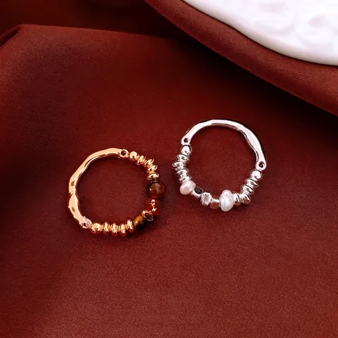 Retro Tiger Eye Beaded Ring Real Gold Plated Copper Irregular Wave Textured Band Jewelry For Women