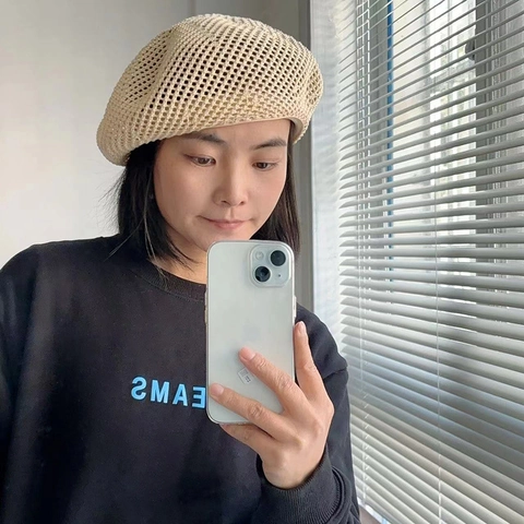 Women Hollow Out Knit Beret Hat Breathable Polyester Japanese Painter Style Foldable Sun Hat For Spring Summer