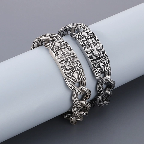Bracelet Croix Vintage Homme Motif Rose Acier Inoxydable 316L Gothique Plaque Courbée Style Argent Antique Bijoux