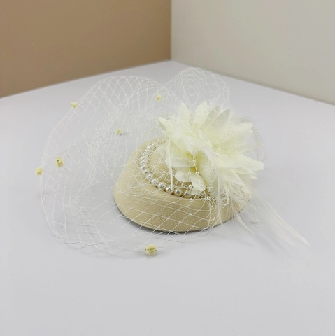 Vintage Fascinator Hat With Mesh Veil Feather Flower And Faux Artificial Pearl Elegant Pillbox Headpiece For Wedding Banquet Party
