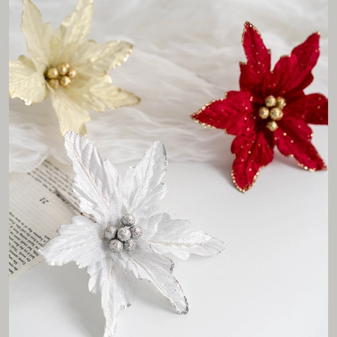 Kunstmatige Kerstster Bloemen Kerst Glitter Fluweel Stof Vakantie Ornamenten Voor Boom DIY Krans Decor Elegante Huisfeest
