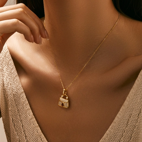 French Vintage S925 Sterling Silver Pendant Necklace For Women Bag Shape With Zirconia Water Drop Gold Plated Fine Jewelry