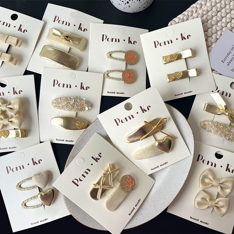 Fermagli Per Capelli Stile Coreano Pelle Tessuto Fiocco Paillettes Cuore Mollette Becco D'Anatra Champagne Oro Fatto A Mano Per Ragazze