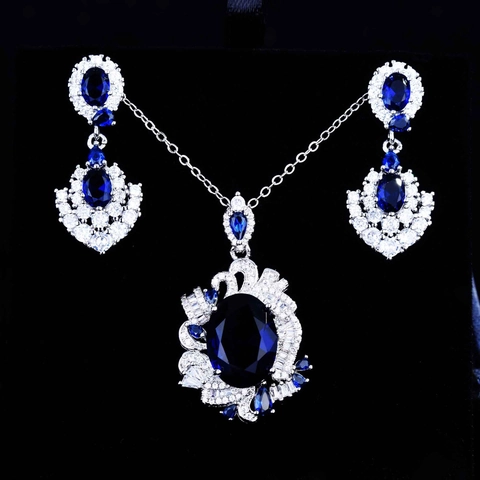 Royal Blue Synthetic Sapphire Jewelry Copper With Rhinestone Necklace Pendant Earrings Vintage Baroque Style Women