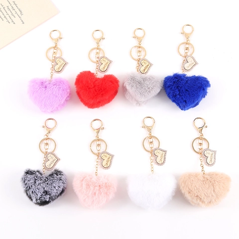 Faux Rabbit Fur Plush Heart Keychain Gold Alloy I Love You Charm Rhinestone Heart Pendant For Women Bag Accessories Gift