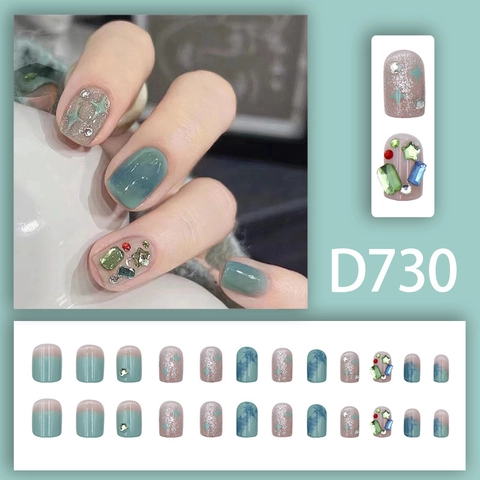 Press On Nails Glitter Rhinestone Gradient Mint Green Blue Cat Eye Star Short Square Artificial False Fingernails