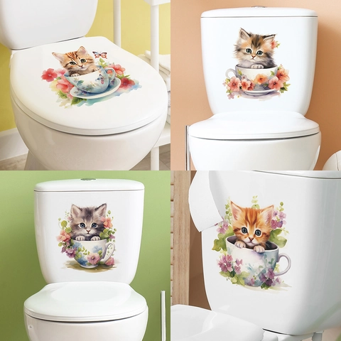 Adesivo Da Parete Gatto In Tazza Da Tè PVC Impermeabile Decalcomania Per WC Bagno Decorazione Acquerello Fiori Gattino