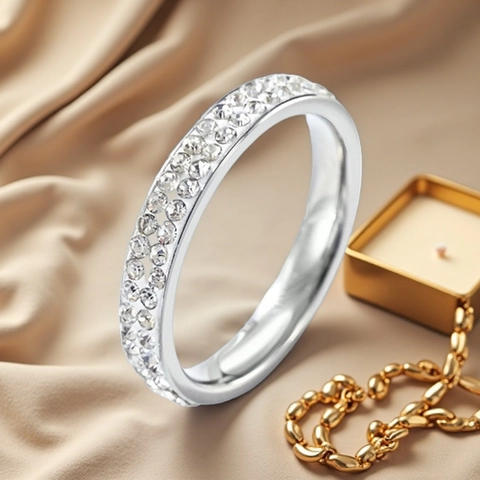 Minimalist Stainless Steel Double Row Rhinestone Eternity Ring For Women Fashion Unisex Band Ring US Size 5-11 Jewelry Gift