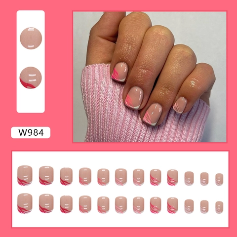 Kurze Runde Künstliche Nägel Zum Aufdrücken Französisches Zebramuster Rosa Weiße Wellen Ins Stil Damen