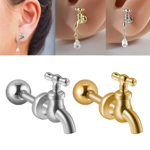 Faucet Cartilage Stud Earrings Stainless Steel Screw Back Ball Barbell Piercing Jewelry With Zircon Water Drop Pendant