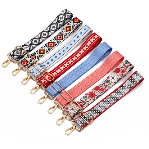 Wide Bag Strap Replacement Adjustable Polyester Woven Ethnic Vintage Pattern For Crossbody Shoulder Bags With Metal Buckles
