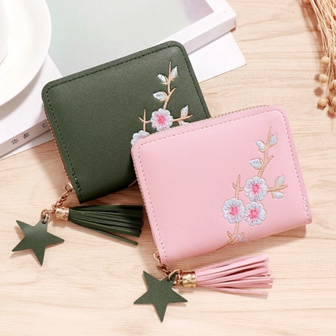 Women's Small PU Leather Zipper Wallet Floral Embroidery Tassel Star Charm Elegant Coin Purse