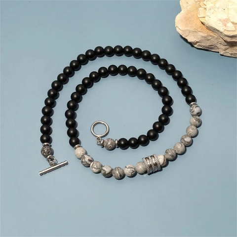 Beaded Necklace Natural Stone Tiger Eye Map Stone With Stainless Steel Toggle Clasp Handmade Fashion Jewelry For Men