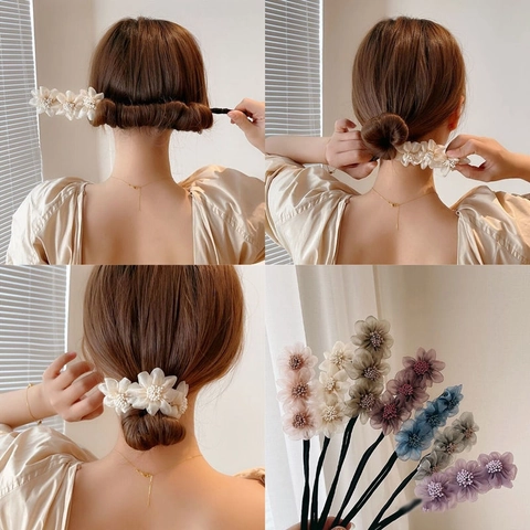 Elegant Hair Bun Maker With Fabric Flowers And Faux Artificial Pearls Lazy Hair Styling Tool For Women Flexible Hairband Accessory