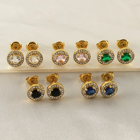 Orecchini A Lobo Halo Rotondi Acciaio Inossidabile Placcato Oro 18K Zircone Colorato Gioielli Moda Per Donna