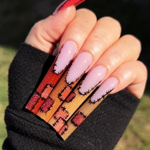 Extra Long Coffin Press On Nails Patchwork Stitched Design Glitter Multi Color Ballerina Fake Nails