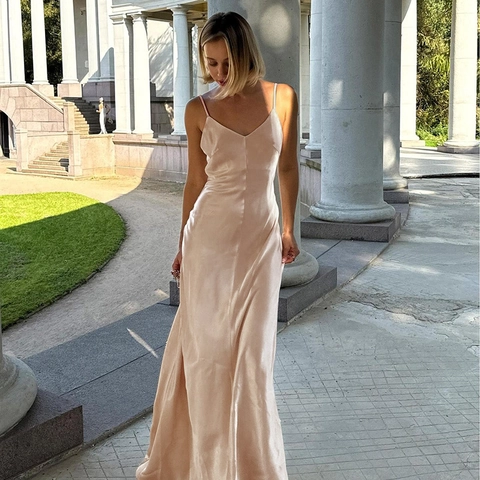 Elegant Satin Maxi Dress Backless V-Neck Spaghetti Strap Sleek Bodycon Evening Party Formal Slip Gown For Women