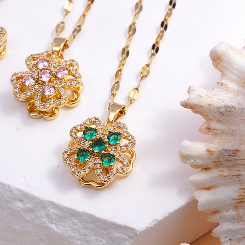 Rotating Flower Four Leaf Clover Pendant Necklace For Women Copper Alloy Stainless Steel Rhinestone Inlaid Elegant Fashion Jewelry Gift