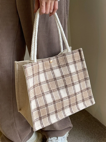 Bolso De Mano De Lona A Cuadros Algodón Lino Plaid Casual Retro Bolsa De Almuerzo Mujeres Compras Diarias