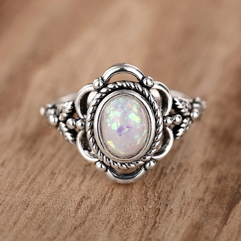 Oval Imitation Opal Alloy Ring Vintage Antique Silver Flower Leaf Carving Bohemian Ethnic Style Jewelry For Women