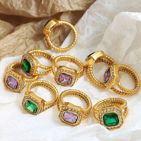 Vintage Geometrischer Zirkon Ring Vergoldeter Edelstahl Gedrehtes Seilband Übertriebener Statement Schmuck Für Damen