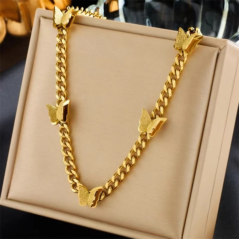 Collana Con Ciondolo A Farfalla Acciaio Al Titanio Farfalle Opache Catena A Maglia Cubana Elegante Gioielli Di Moda Per Donna