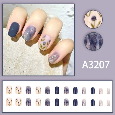 Press On Nails Short Square Camellia Tulip Floral Gradient Smudge Marble Elegant Gentle False Nails For Women