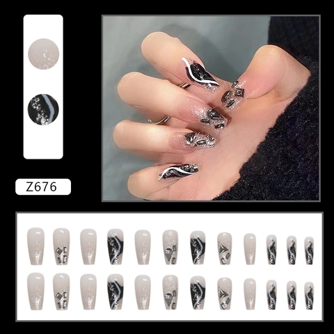 Unghie Finte Coffin Design Onde Bianco Nero Con Glitter Argento E Strass Quadrati 3D Unghie Finte Per Donne