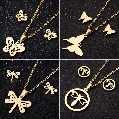Stainless Steel Butterfly Dragonfly Hollow Out Round Necklace And Stud Earrings For Women Bohemian Fashion Accessories